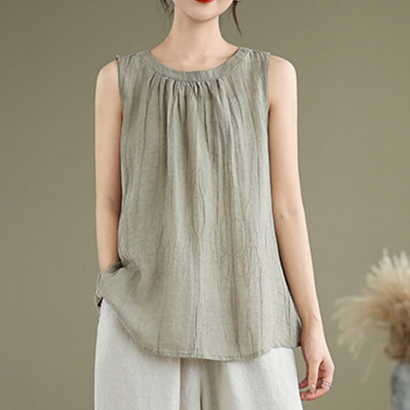 Chaleco sin mangas de algodón y lino con cuello redondo y diseño simple de arrugas de verano para mujer con Buddha Stones - image 1