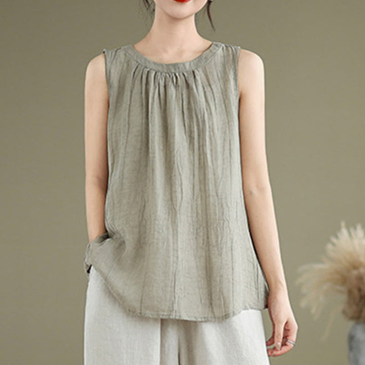 Chaleco sin mangas de algodón y lino con cuello redondo y diseño simple de arrugas de verano para mujer con Buddha Stones - image 1