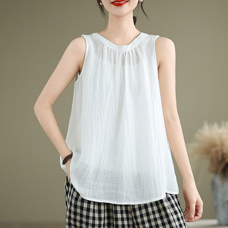 Chaleco sin mangas de algodón y lino con cuello redondo y diseño simple de arrugas de verano para mujer con Buddha Stones - image 11