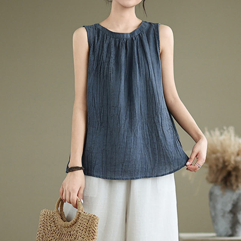 Chaleco sin mangas de algodón y lino con cuello redondo y diseño simple de arrugas de verano para mujer con Buddha Stones - image 16