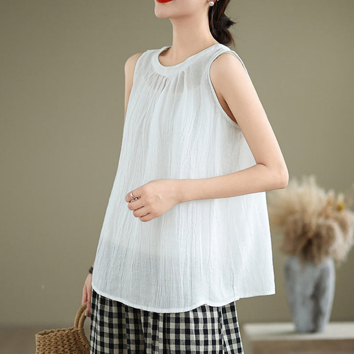 Chaleco sin mangas de algodón y lino con cuello redondo y diseño simple de arrugas de verano para mujer con Buddha Stones - image 12