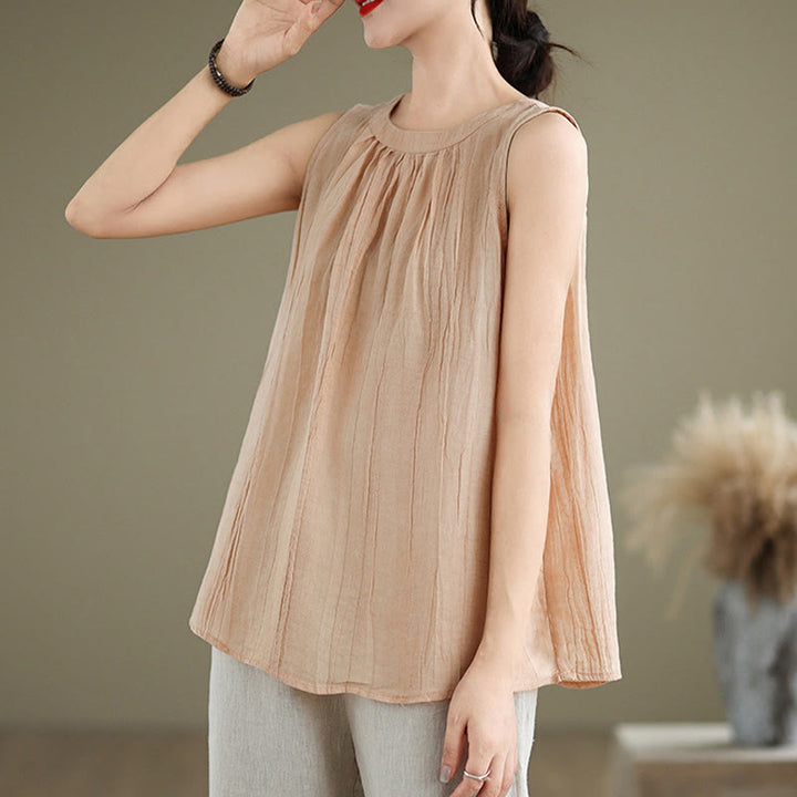 Chaleco sin mangas de algodón y lino con cuello redondo y diseño simple de arrugas de verano para mujer con Buddha Stones - image 30