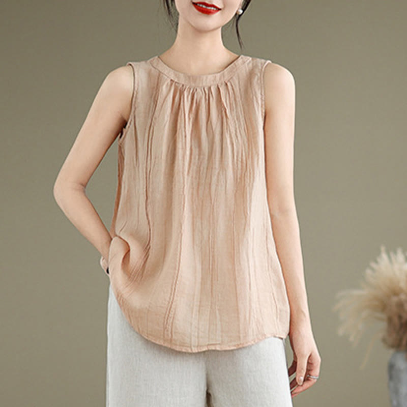 Chaleco sin mangas de algodón y lino con cuello redondo y diseño simple de arrugas de verano para mujer con Buddha Stones - image 27