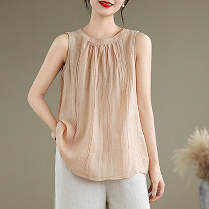 Chaleco sin mangas de algodón y lino con cuello redondo y diseño simple de arrugas de verano para mujer con Buddha Stones - image 27