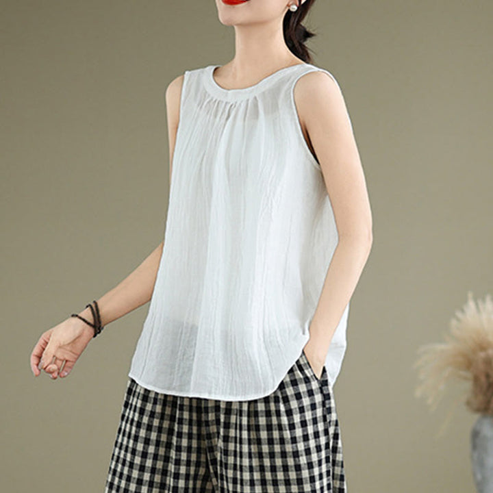 Chaleco sin mangas de algodón y lino con cuello redondo y diseño simple de arrugas de verano para mujer con Buddha Stones - image 13