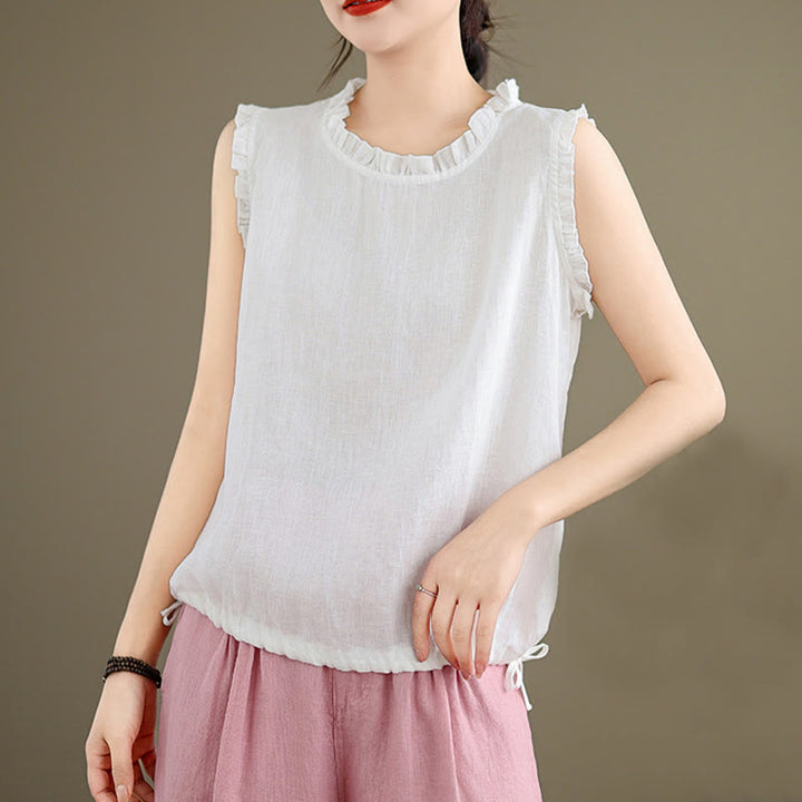 Chaleco sin mangas de algodón y lino para mujer, con cuello redondo, diseño de volantes y cordón ajustable, de Buddha Stones, para verano - image 24