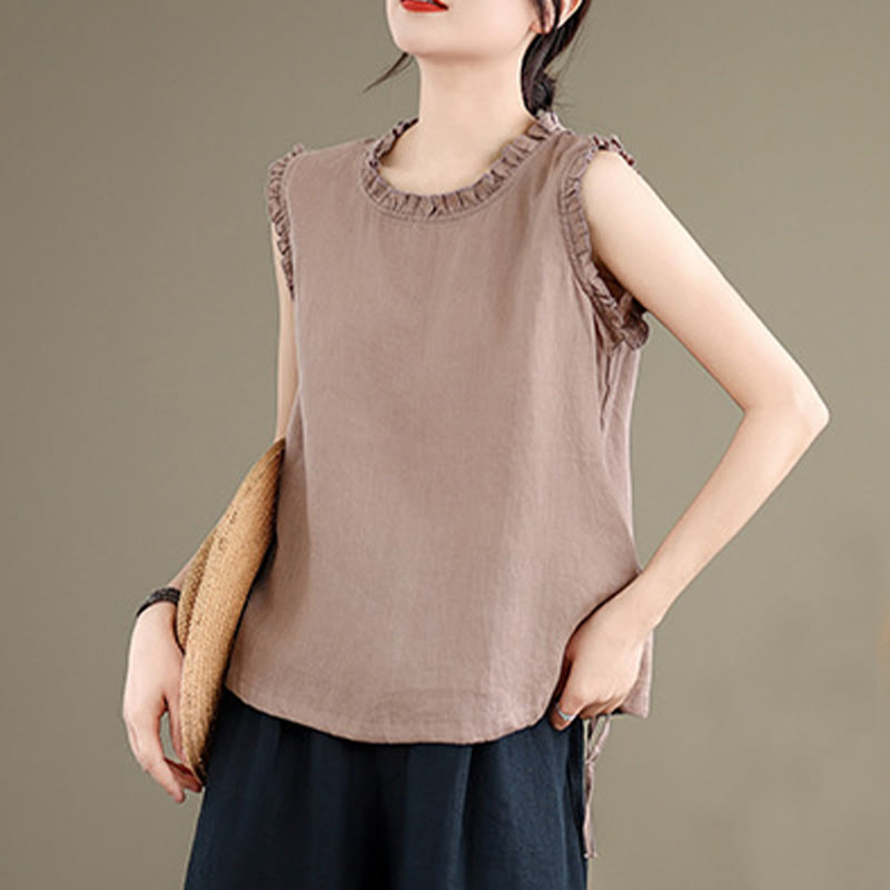 Chaleco sin mangas de algodón y lino para mujer, con cuello redondo, diseño de volantes y cordón ajustable, de Buddha Stones, para verano - image 15