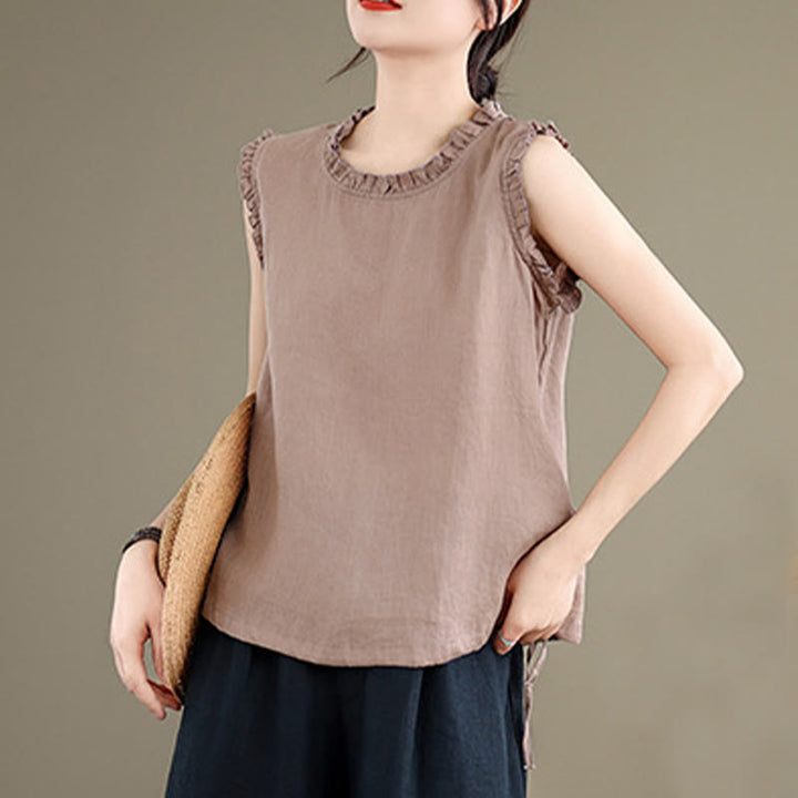 Chaleco sin mangas de algodón y lino para mujer, con cuello redondo, diseño de volantes y cordón ajustable, de Buddha Stones, para verano - image 15