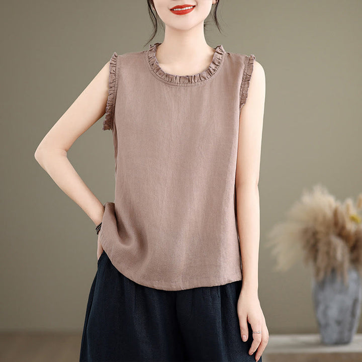 Chaleco sin mangas de algodón y lino para mujer, con cuello redondo, diseño de volantes y cordón ajustable, de Buddha Stones, para verano - Cardo - US8-10，UK/AU12-14，EU40-42 (2XL) - image 14