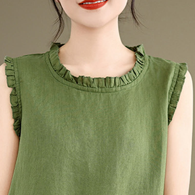 Chaleco sin mangas de algodón y lino para mujer, con cuello redondo, diseño de volantes y cordón ajustable, de Buddha Stones, para verano - image 6