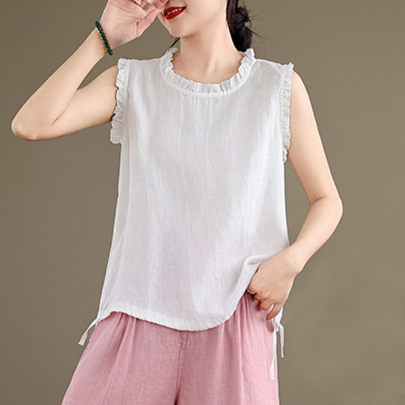 Chaleco sin mangas de algodón y lino para mujer, con cuello redondo, diseño de volantes y cordón ajustable, de Buddha Stones, para verano - image 23