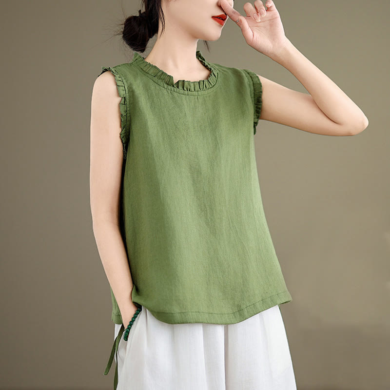 Chaleco sin mangas de algodón y lino para mujer, con cuello redondo, diseño de volantes y cordón ajustable, de Buddha Stones, para verano - image 4