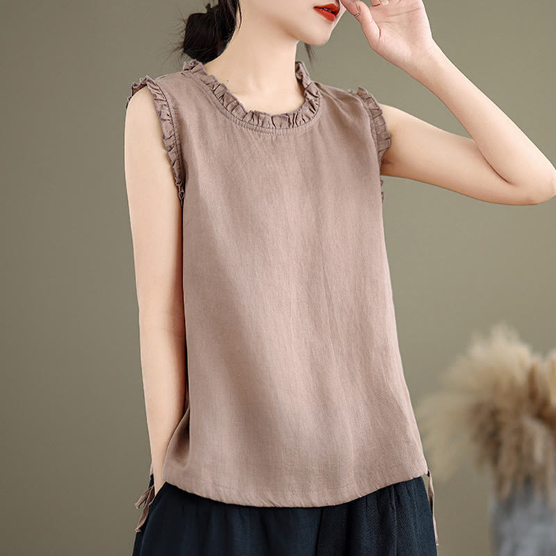 Chaleco sin mangas de algodón y lino para mujer, con cuello redondo, diseño de volantes y cordón ajustable, de Buddha Stones, para verano - image 17