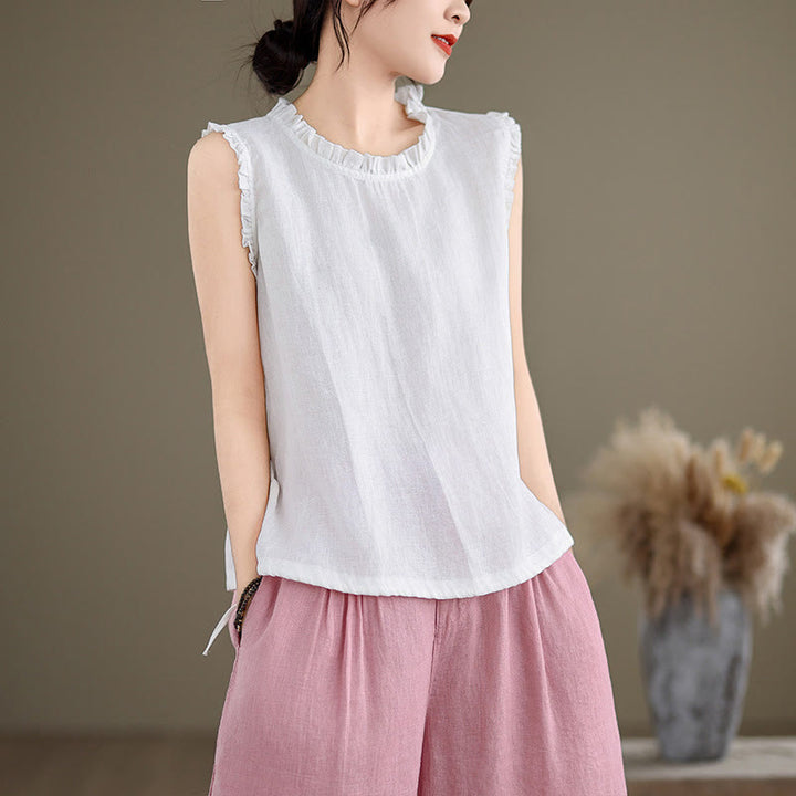 Chaleco sin mangas de algodón y lino para mujer, con cuello redondo, diseño de volantes y cordón ajustable, de Buddha Stones, para verano - Blanco - US8-10，UK/AU12-14，EU40-42 (2XL) - image 20