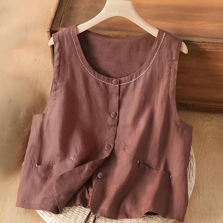 Chaleco de lino y algodón para mujer, sin mangas, con diseño de Buddha Stones y bolsillos. - Marrón - US8-10，UK/AU12-14，EU40-42 (2XL) - image 3
