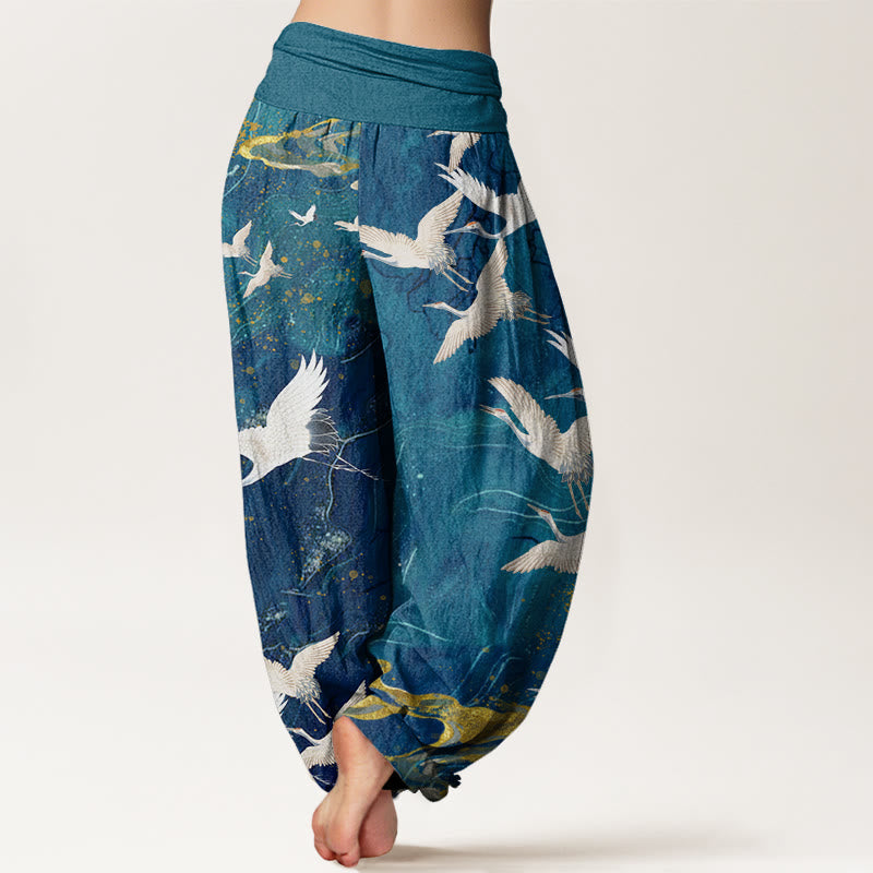 Pantalones bombachos de cintura elástica para mujer con diseño de Buddha Stones , grullas blancas voladoras y nubes auspiciosas. - image 5