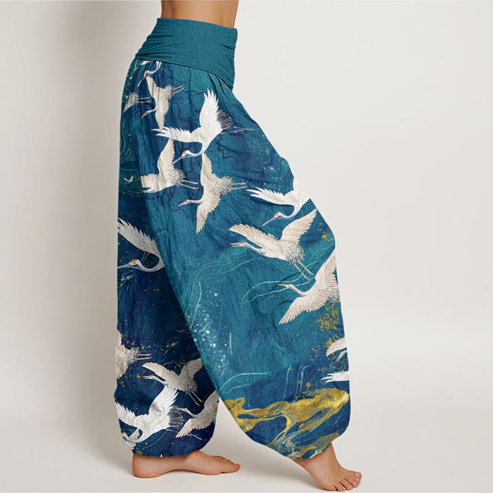 Pantalones bombachos de cintura elástica para mujer con diseño de Buddha Stones , grullas blancas voladoras y nubes auspiciosas. - image 6