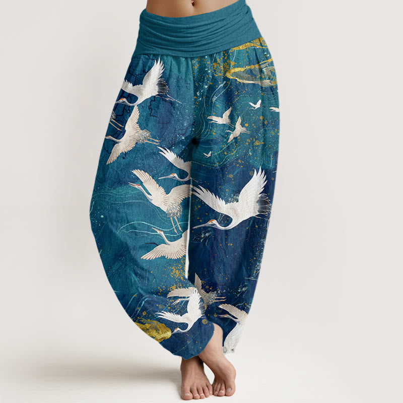 Pantalones bombachos de cintura elástica para mujer con diseño de Buddha Stones , grullas blancas voladoras y nubes auspiciosas. - cian oscuro - US22，UK/AU26，EU54 (6XL) - image 4