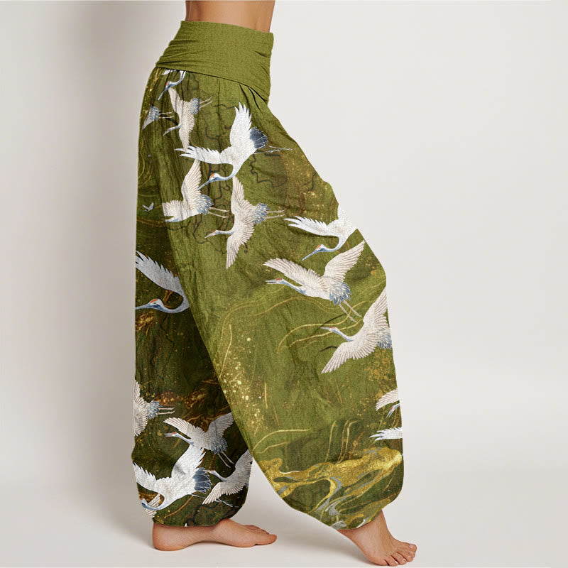 Pantalones bombachos de cintura elástica para mujer con diseño de Buddha Stones , grullas blancas voladoras y nubes auspiciosas. - image 9