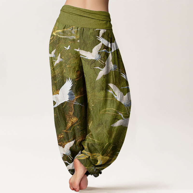 Pantalones bombachos de cintura elástica para mujer con diseño de Buddha Stones , grullas blancas voladoras y nubes auspiciosas. - image 8