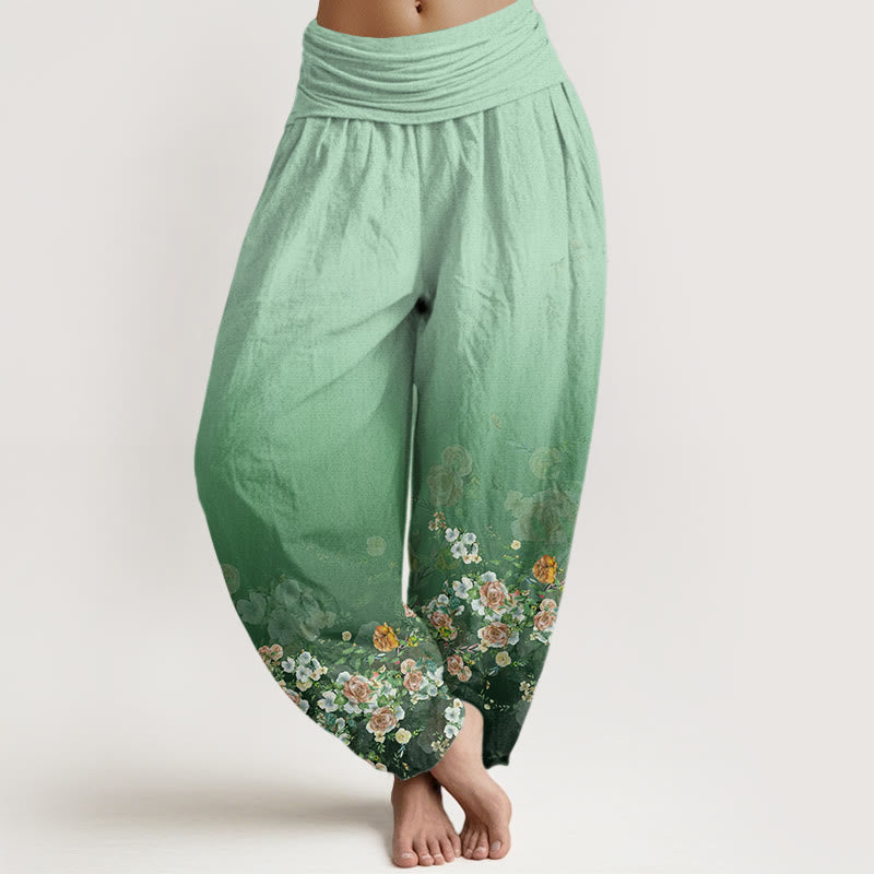 Pantalones bombachos de cintura elástica para mujer con diseño de rosas de colores y piedras de Buddha Stones, de algodón. - Aguamarina - US22，UK/AU26，EU54 (6XL) - image 0