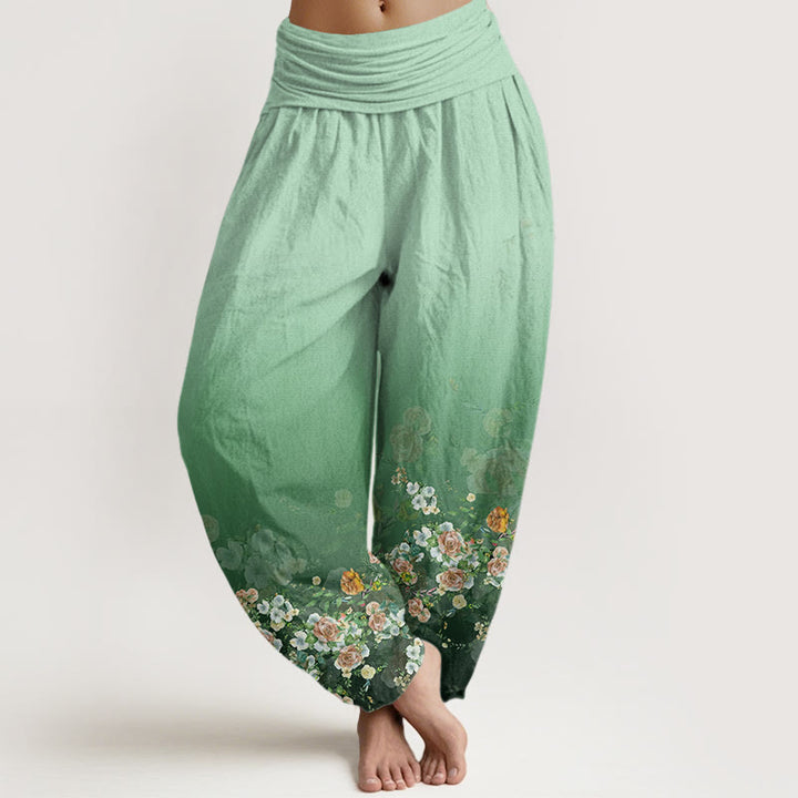 Pantalones bombachos de cintura elástica para mujer con diseño de rosas de colores y piedras de Buddha Stones, de algodón. - Aguamarina - US22，UK/AU26，EU54 (6XL) - image 0