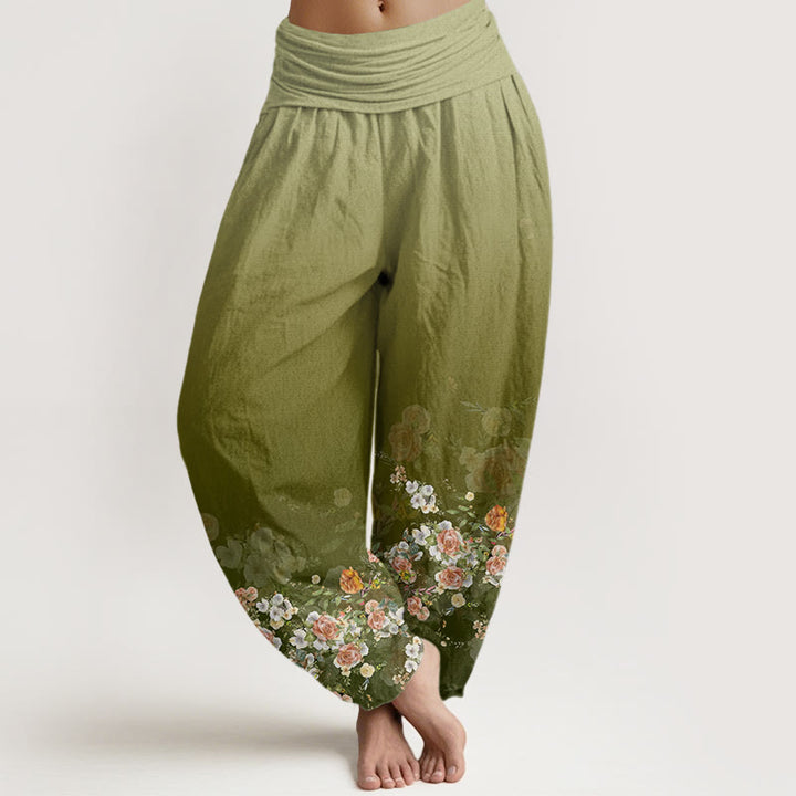 Pantalones bombachos de cintura elástica para mujer con diseño de rosas de colores y piedras de Buddha Stones, de algodón. - Verde amarillento - US22，UK/AU26，EU54 (6XL) - image 4