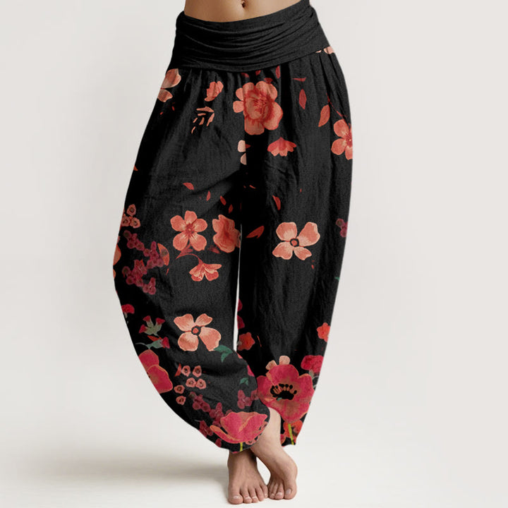 Pantalones bombachos de cintura elástica para mujer con estampado de flores rojas, amapolas comunes y Buddha Stones en algodón. - Negro - US22，UK/AU26，EU54 (6XL) - image 0