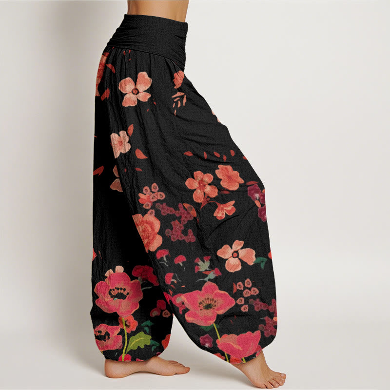 Pantalones bombachos de cintura elástica para mujer con estampado de flores rojas, amapolas comunes y Buddha Stones en algodón. - image 2