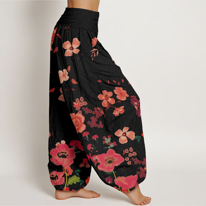 Pantalones bombachos de cintura elástica para mujer con estampado de flores rojas, amapolas comunes y Buddha Stones en algodón. - image 2