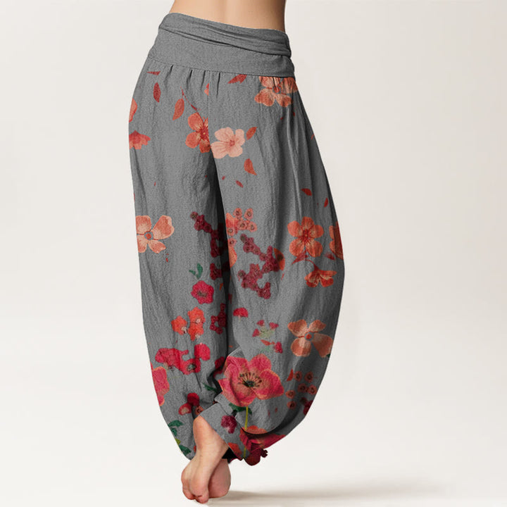 Pantalones bombachos de cintura elástica para mujer con estampado de flores rojas, amapolas comunes y Buddha Stones en algodón. - image 5