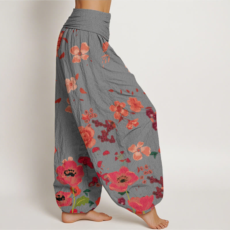Pantalones bombachos de cintura elástica para mujer con estampado de flores rojas, amapolas comunes y Buddha Stones en algodón. - image 6