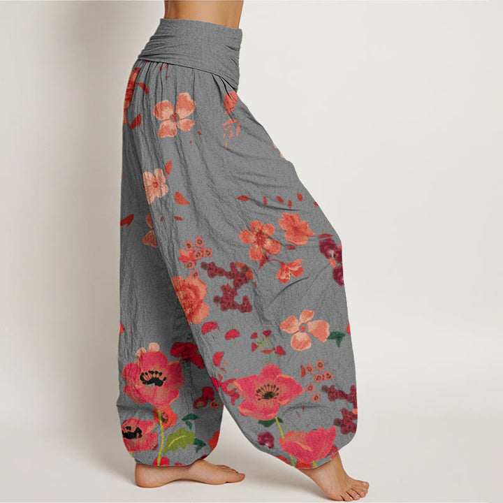 Pantalones bombachos de cintura elástica para mujer con estampado de flores rojas, amapolas comunes y Buddha Stones en algodón. - image 6