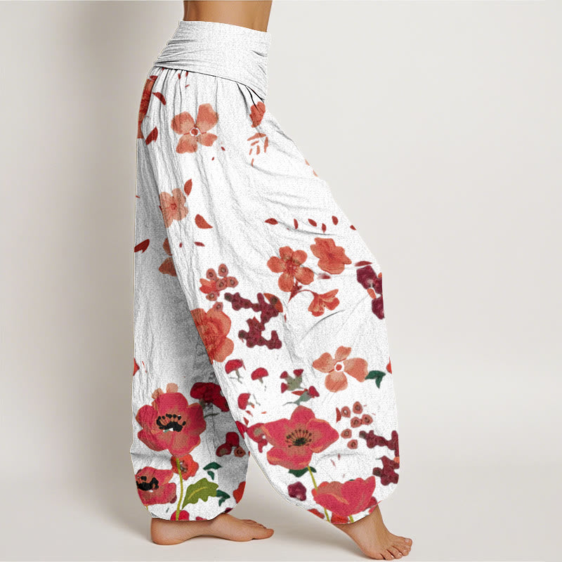 Pantalones bombachos de cintura elástica para mujer con estampado de flores rojas, amapolas comunes y Buddha Stones en algodón. - image 9
