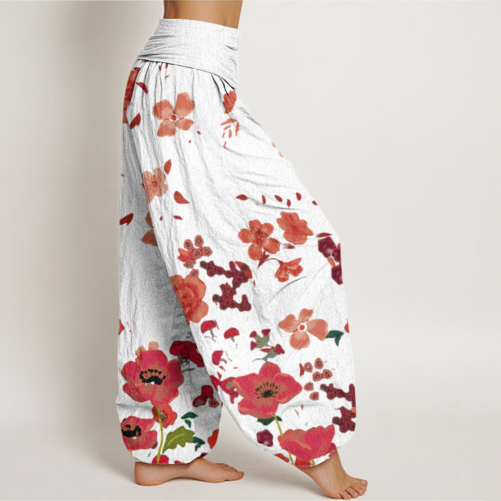 Pantalones bombachos de cintura elástica para mujer con estampado de flores rojas, amapolas comunes y Buddha Stones en algodón. - image 9