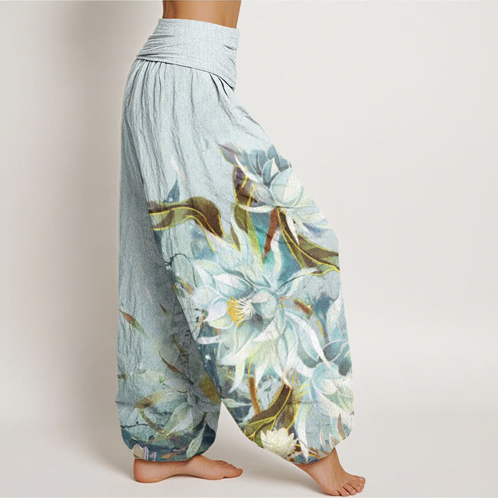 Pantalones bombachos de cintura elástica para mujer con diseño de flores de epifilo y Buddha Stones , de algodón. - image 2