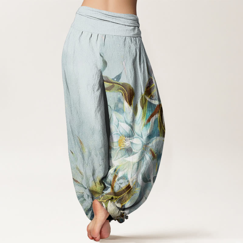 Pantalones bombachos de cintura elástica para mujer con diseño de flores de epifilo y Buddha Stones , de algodón. - image 1