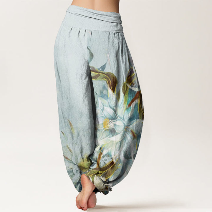 Pantalones bombachos de cintura elástica para mujer con diseño de flores de epifilo y Buddha Stones , de algodón. - image 1