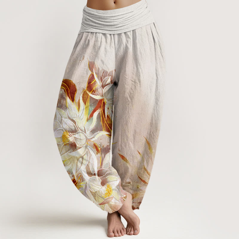 Pantalones bombachos de cintura elástica para mujer con diseño de flores de epifilo y Buddha Stones , de algodón. - Beige - US22，UK/AU26，EU54 (6XL) - image 4