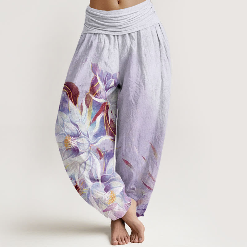 Pantalones bombachos de cintura elástica para mujer con diseño de flores de epifilo y Buddha Stones , de algodón. - Lavanda - US22，UK/AU26，EU54 (6XL) - image 7
