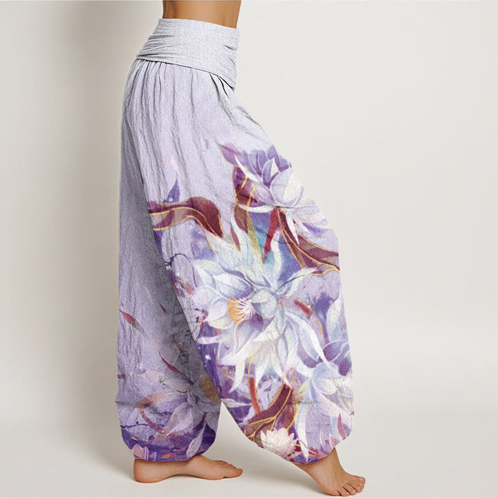 Pantalones bombachos de cintura elástica para mujer con diseño de flores de epifilo y Buddha Stones , de algodón. - image 9