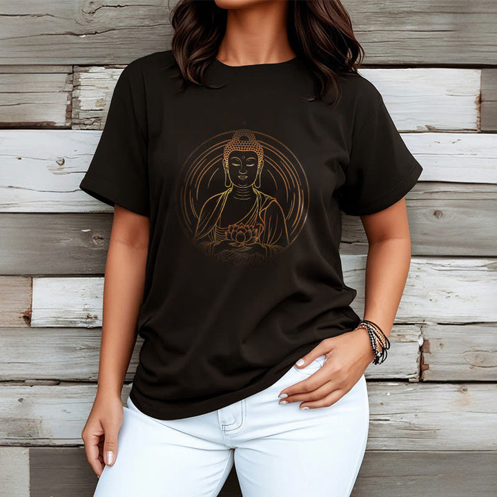 Camiseta con Buddha Stones dorado sosteniendo una flor de loto y piedras de Buda - image 3