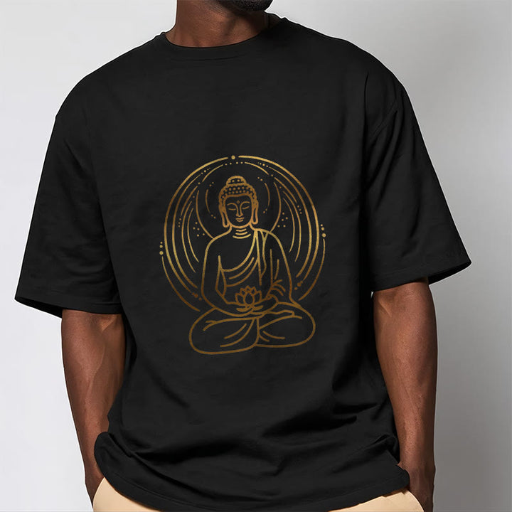 Camiseta con halo de Buda de meditación dorada con Buddha Stones sosteniendo una flor de loto - image 4
