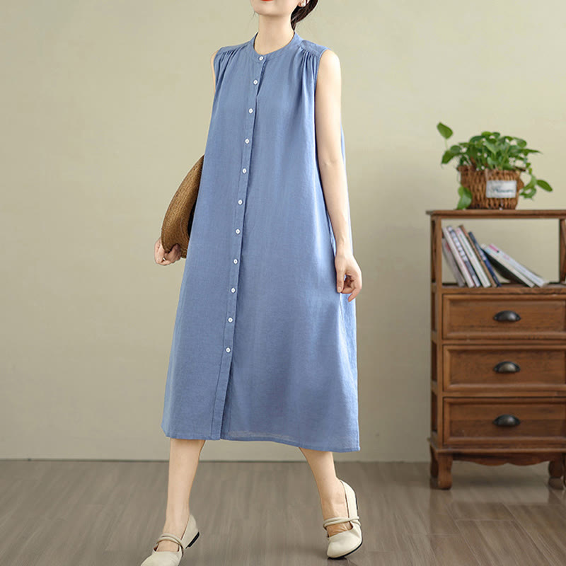 Vestido midi de lino y algodón sin mangas, con diseño plisado, de botonadura sencilla y sencillo de Buddha Stones