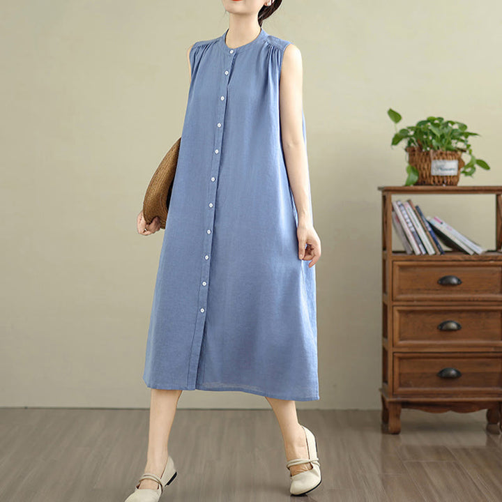 Vestido midi de lino y algodón sin mangas, con diseño plisado, de botonadura sencilla y sencillo de Buddha Stones