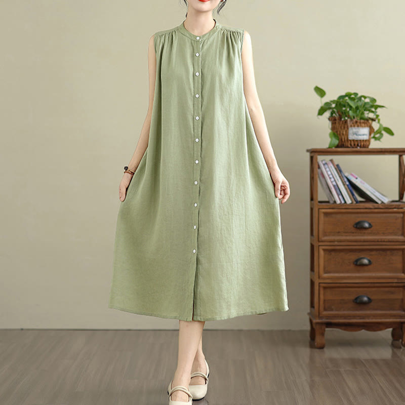 Vestido midi de lino y algodón sin mangas, con diseño plisado, de botonadura sencilla y sencillo de Buddha Stones