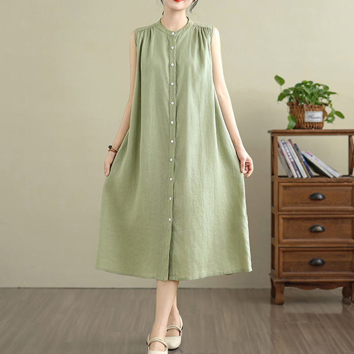 Vestido midi de lino y algodón sin mangas, con diseño plisado, de botonadura sencilla y sencillo de Buddha Stones