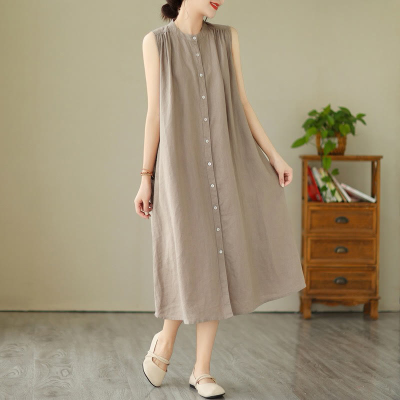 Vestido midi de lino y algodón sin mangas, con diseño plisado, de botonadura sencilla y sencillo de Buddha Stones - Caqui oscuro - US8-10，UK/AU12-14，EU40-42 (2XL) - image 6