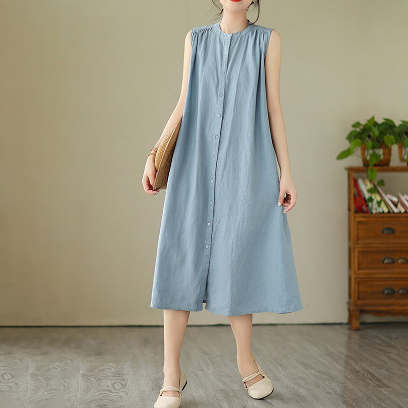 Vestido midi de lino y algodón sin mangas, con diseño plisado, de botonadura sencilla y sencillo de Buddha Stones - image 13