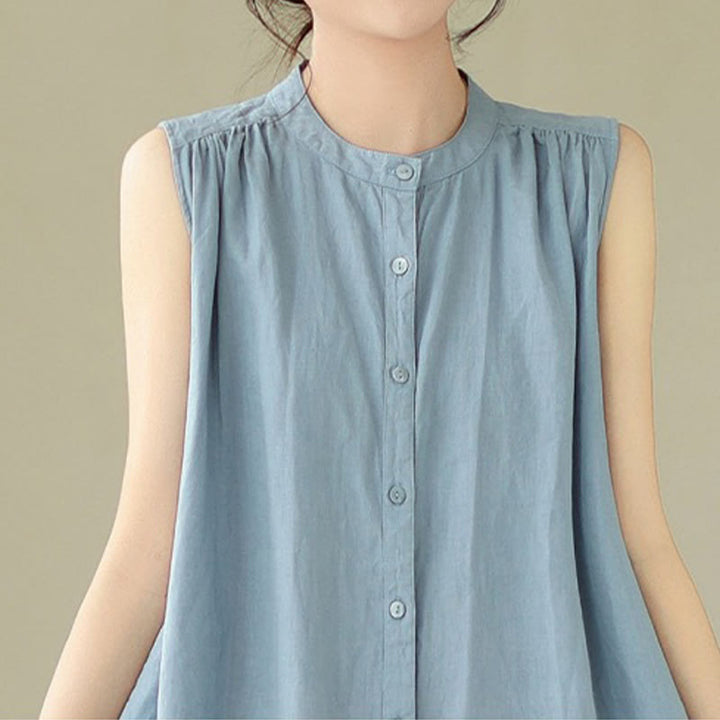 Vestido midi de lino y algodón sin mangas, con diseño plisado, de botonadura sencilla y sencillo de Buddha Stones - image 15